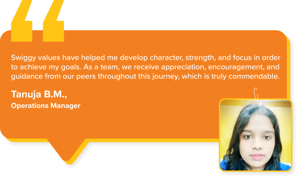 Swiggy Values : Tanuja B.M., Operations Manager at Swiggy says, " Swiggy values have helped me develop character, strength, and focus in order to achieve my goals. As a team, we receive appreciation, encouragement, and guidance from our peers throughout this journey, which is truly commendable."